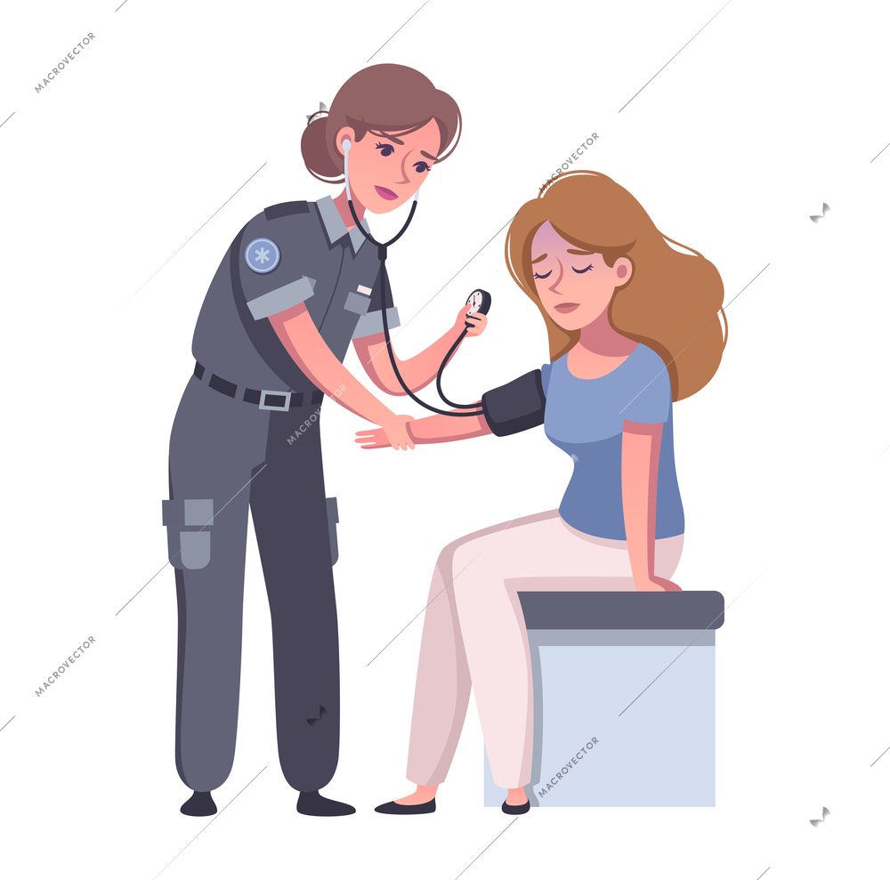 Paramedic measuring blood pressure to woman cartoon vector illustration