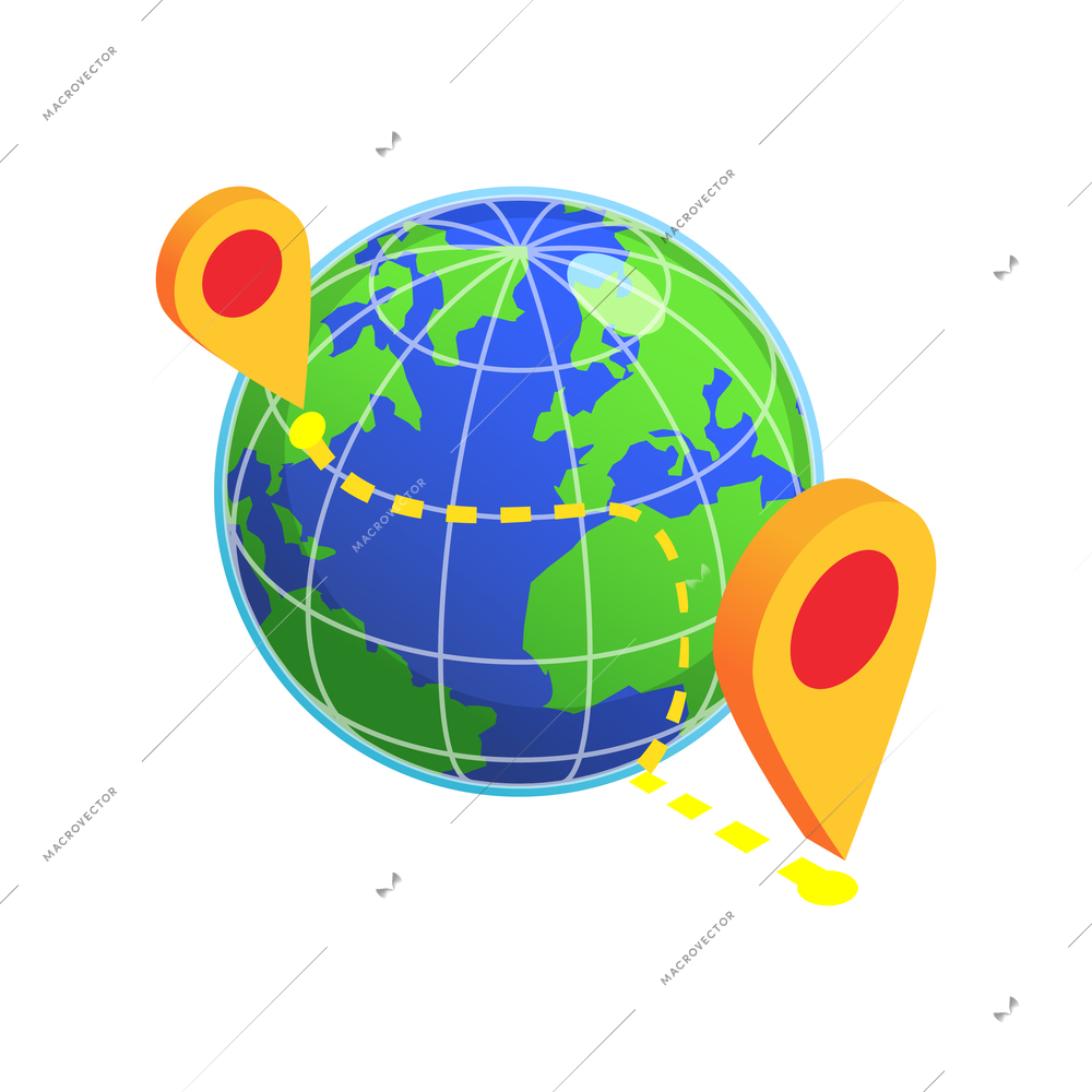 International delivery company isometric icon with two map pins on globe 3d vector illustration