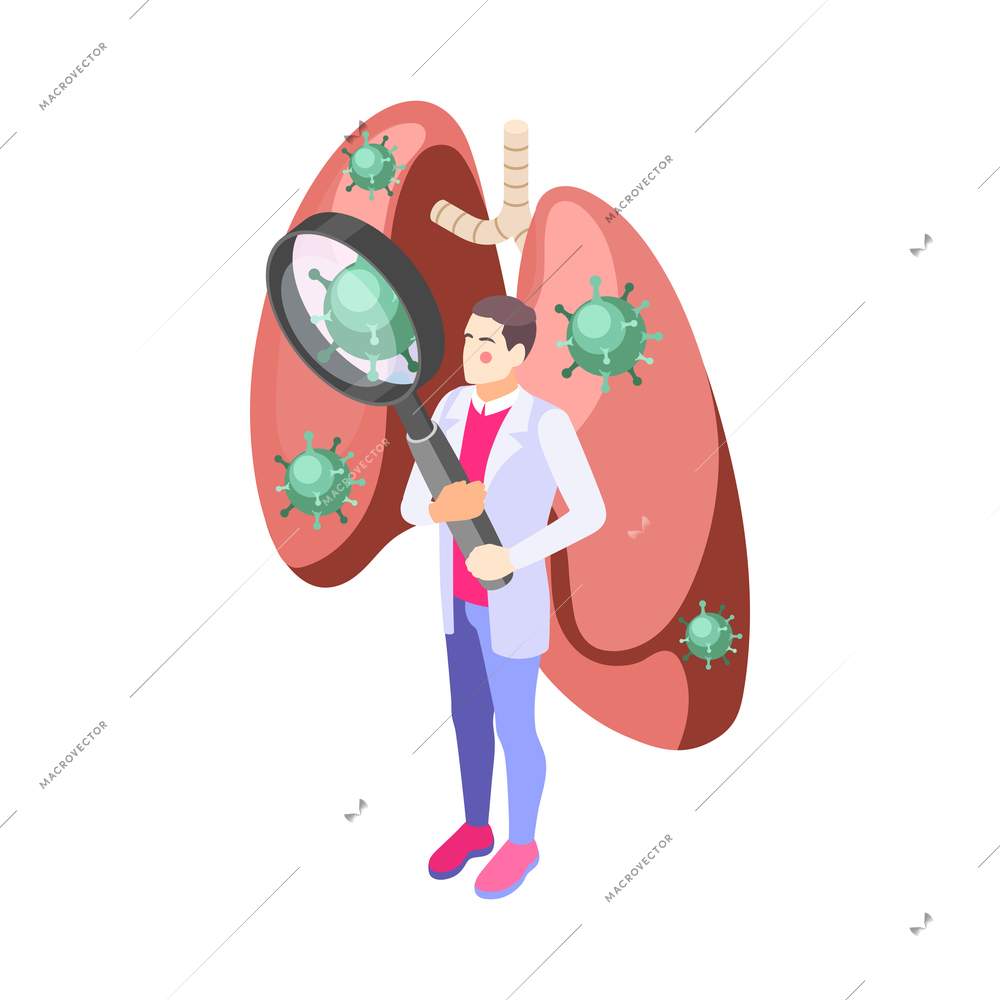 Lung inspection icon with virus bacteria and doctor holding magnifier 3d vector illustration