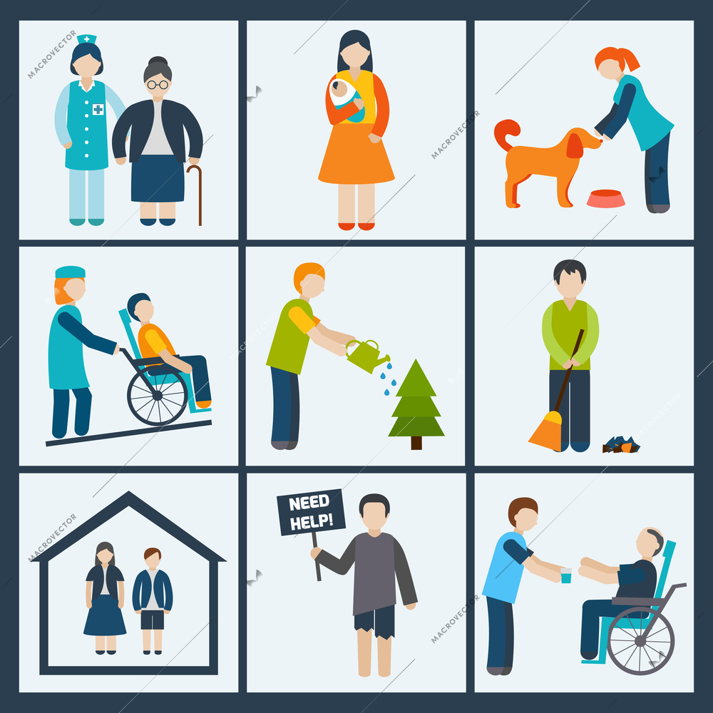 Social services and volunteer icons set isolated vector illustration