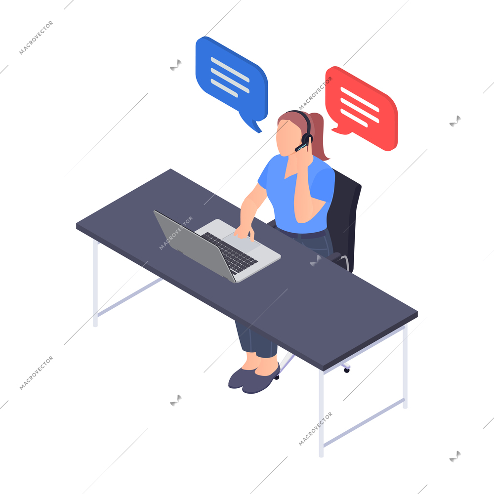 Isometric icon with female call center worker communicating with clients vector illustration