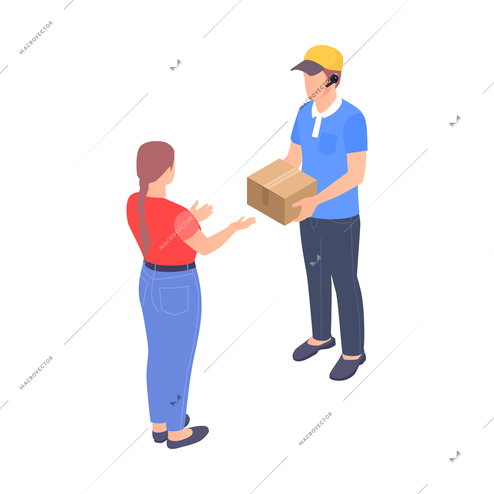 Delivery man giving cardboard box to woman client isometric icon on white background vector illustration