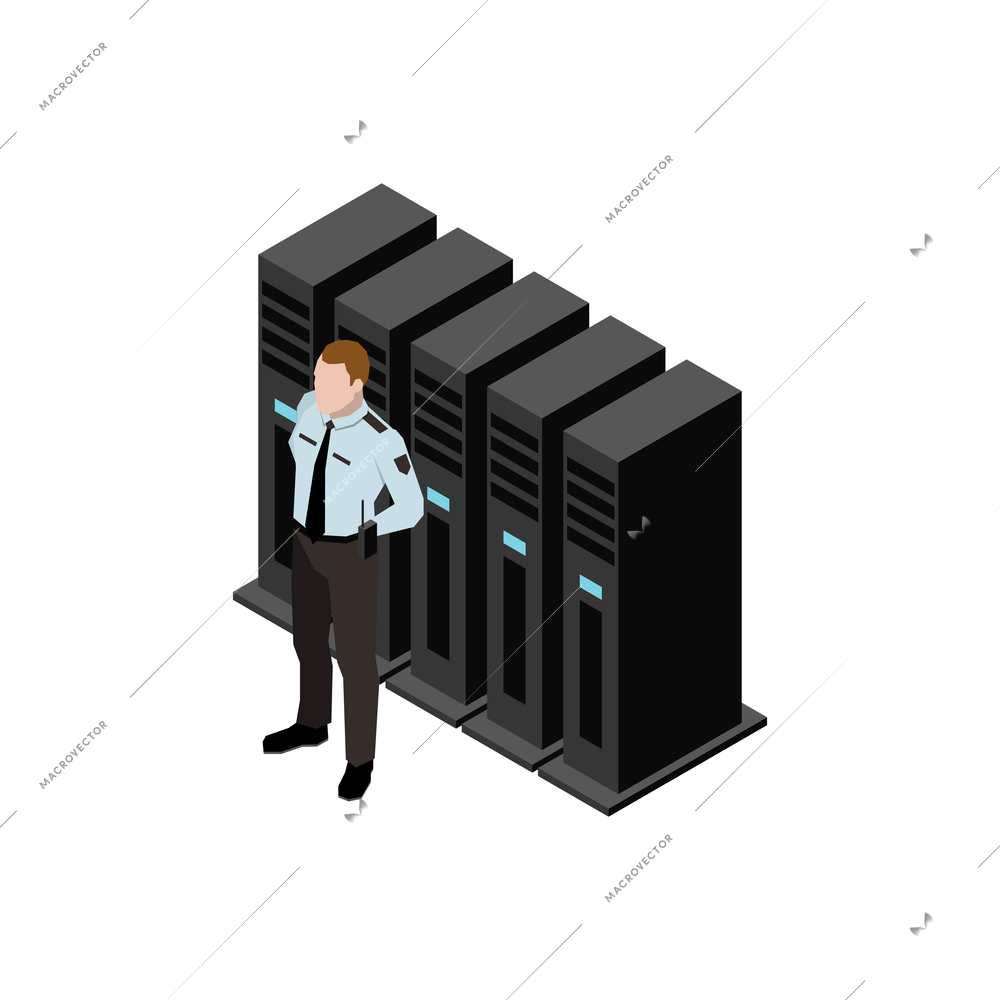 Datacenter isometric icon with server racks and character of security guard vector illustration