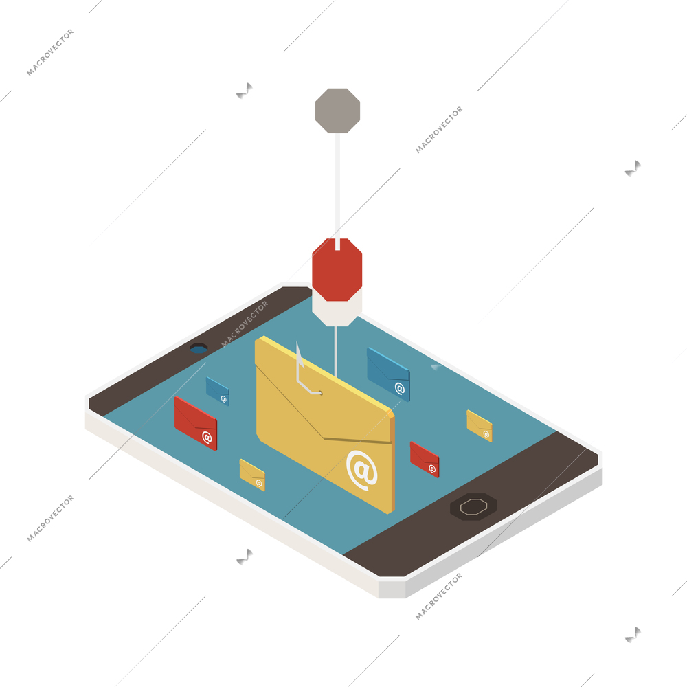 Digital crime phishing isometric icon with email envelope on fishing hook 3d vector illustration