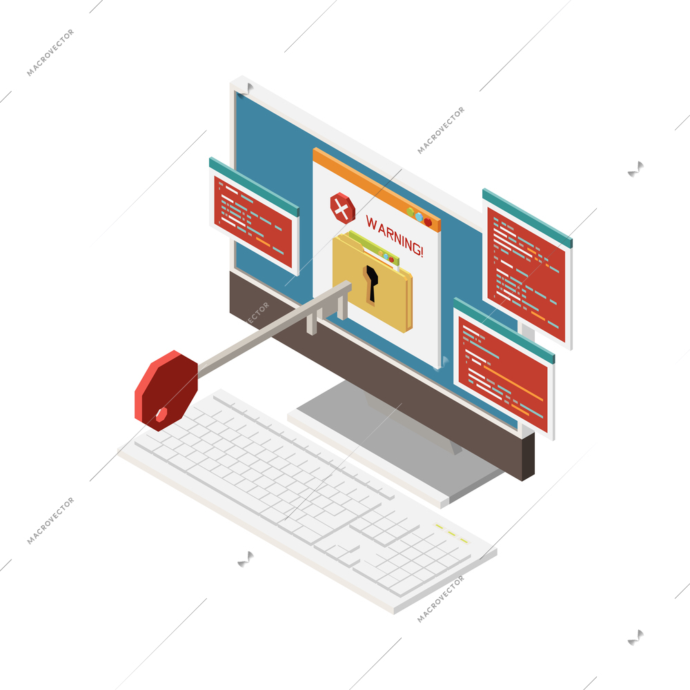 Isometric hacking password stealing icon with 3d computer key and warning notification vector illustration