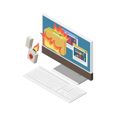 Isometric digital crime icon with lighter burning personal information on computer vector illustration