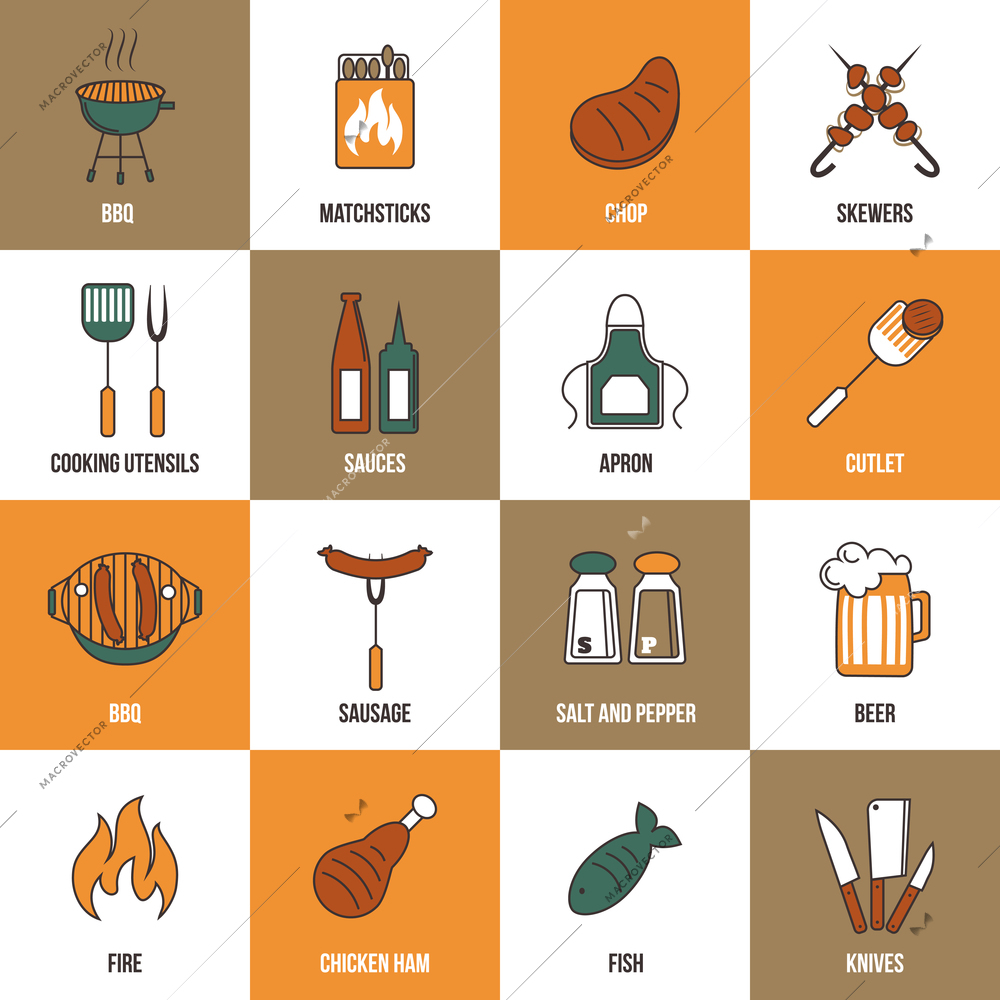 Bbq grill party utensil flat line icons set with beer chicken salt and pepper isolated vector illustration