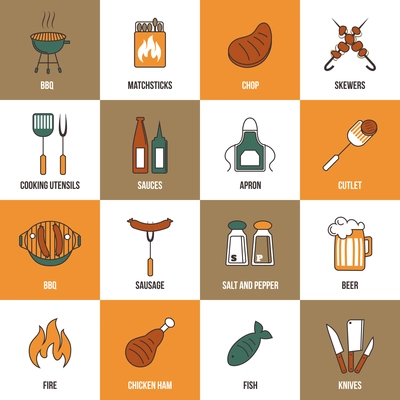 Bbq grill party utensil flat line icons set with beer chicken salt and pepper isolated vector illustration