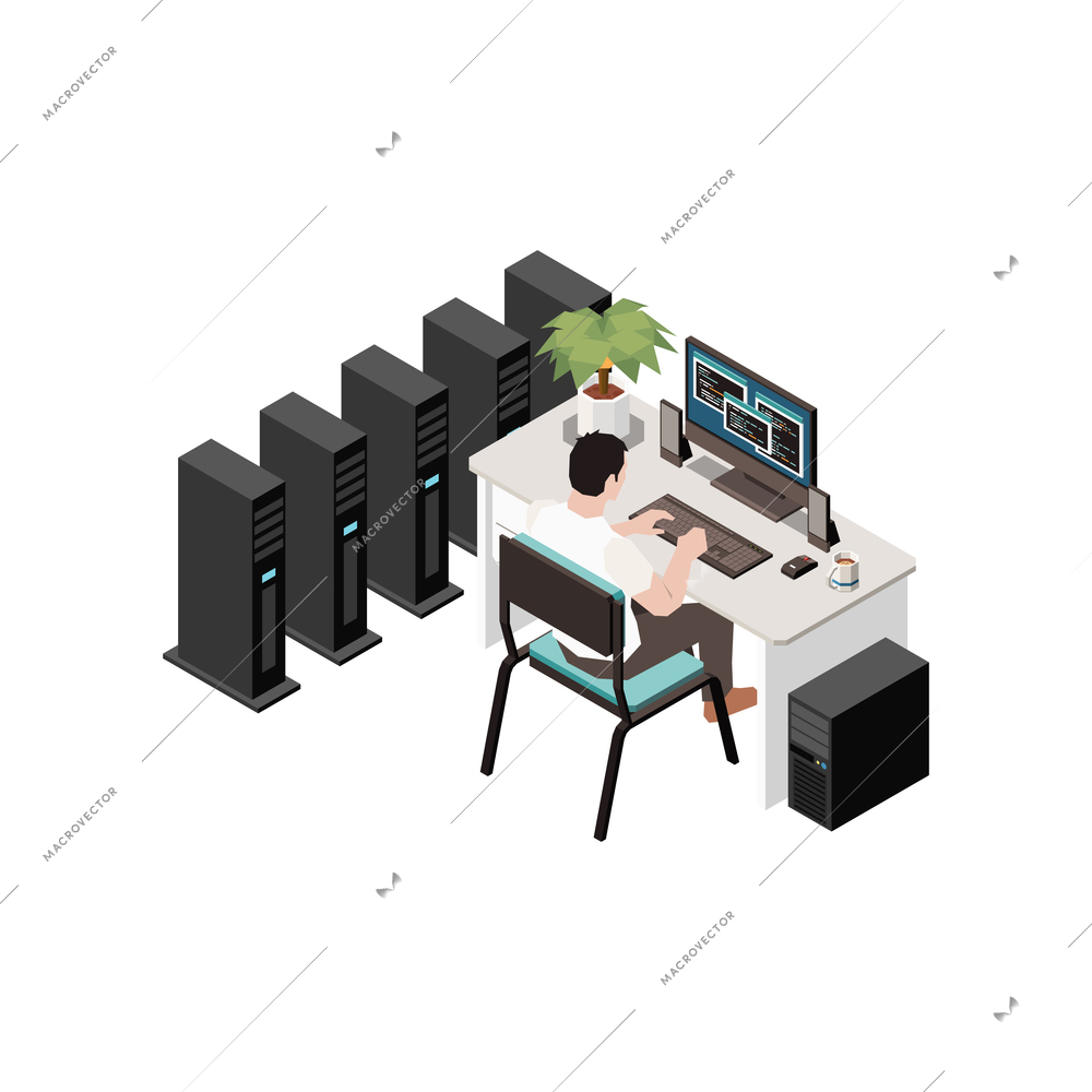 Isometric datacenter icon with man working in server room 3d vector illustration