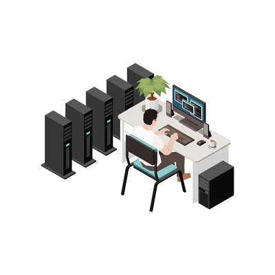 Isometric datacenter icon with man working in server room 3d vector illustration