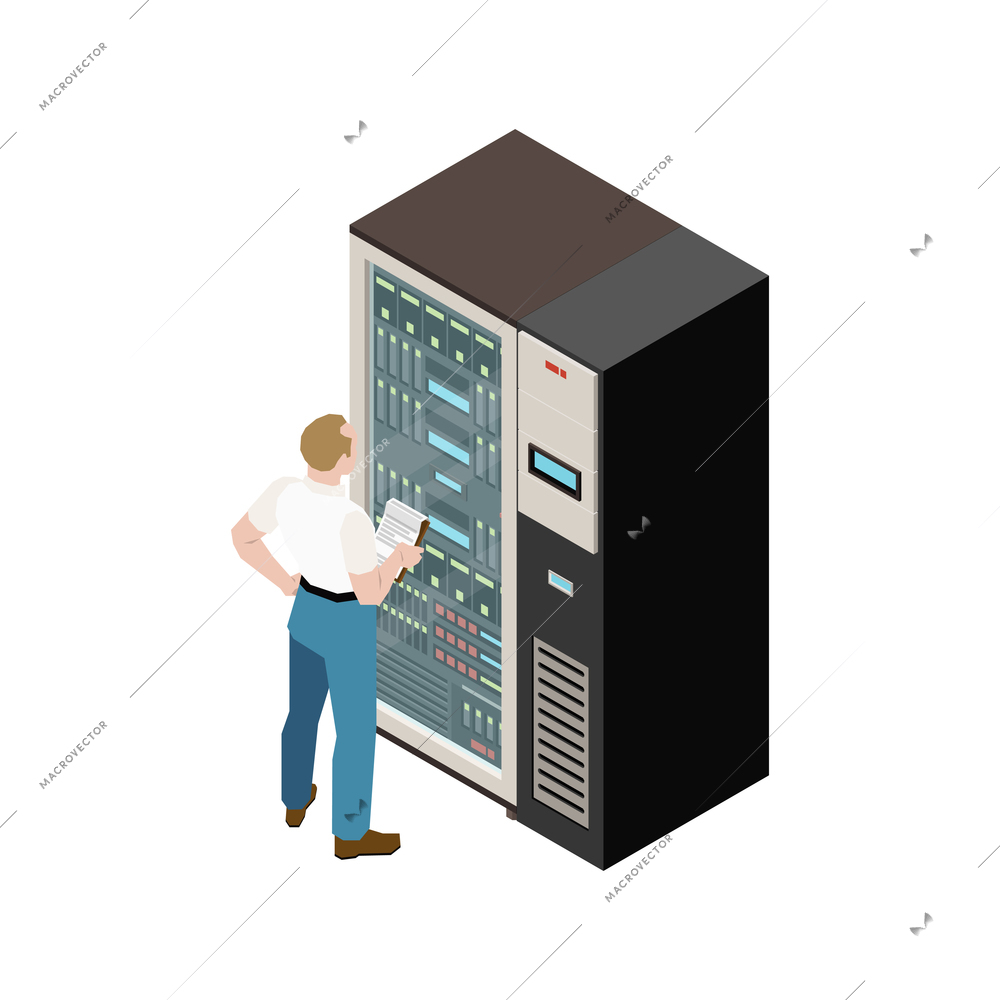 Datacenter isometric icon with server rack and character 3d vector illustration