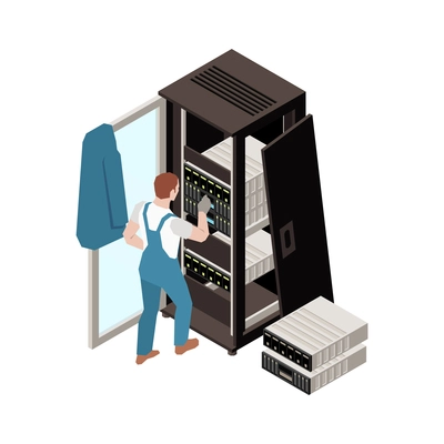 Isometric datacenter icon with worker installing power module in server rack vector illustration