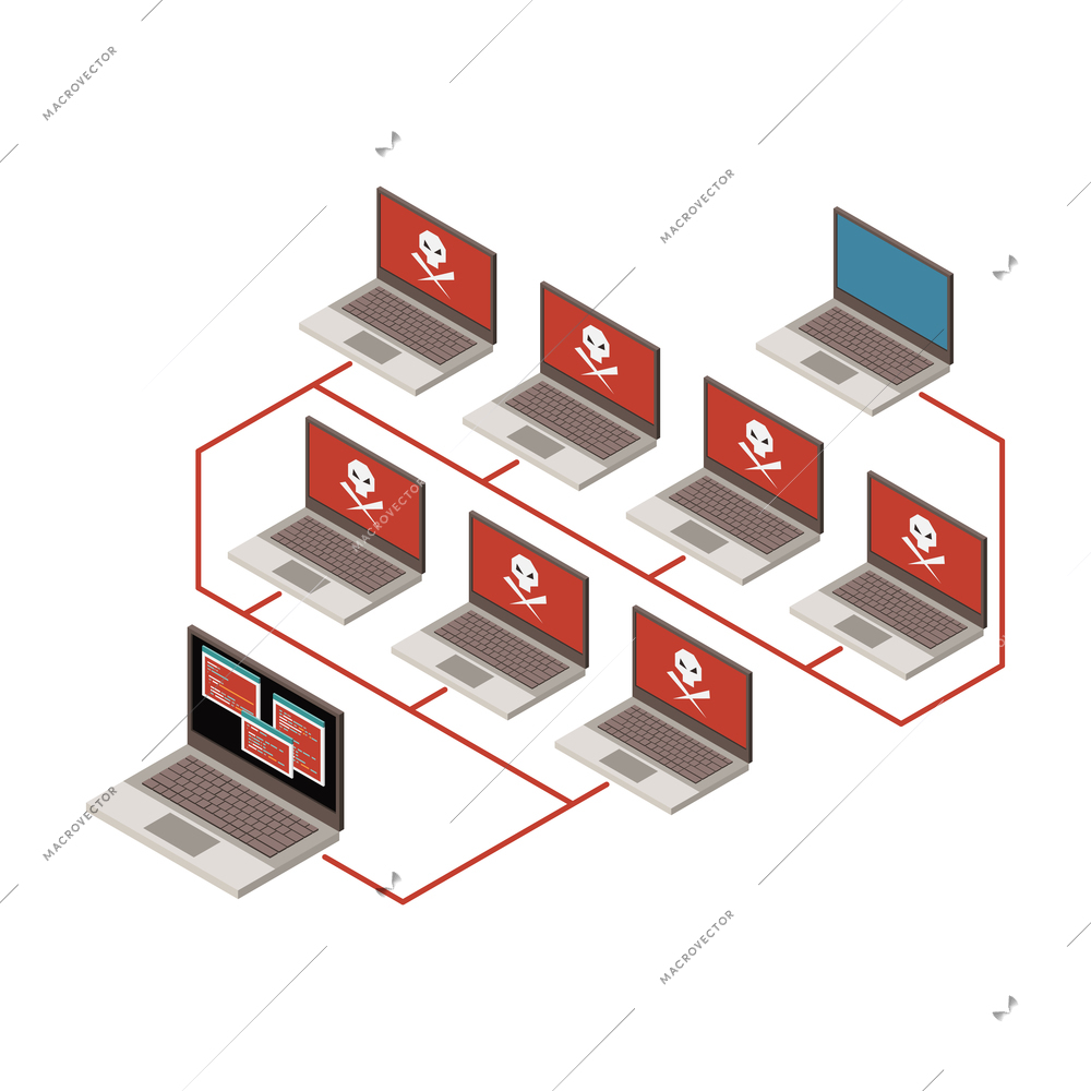 Digital crime composition with row of infected laptops isometric vector illustration
