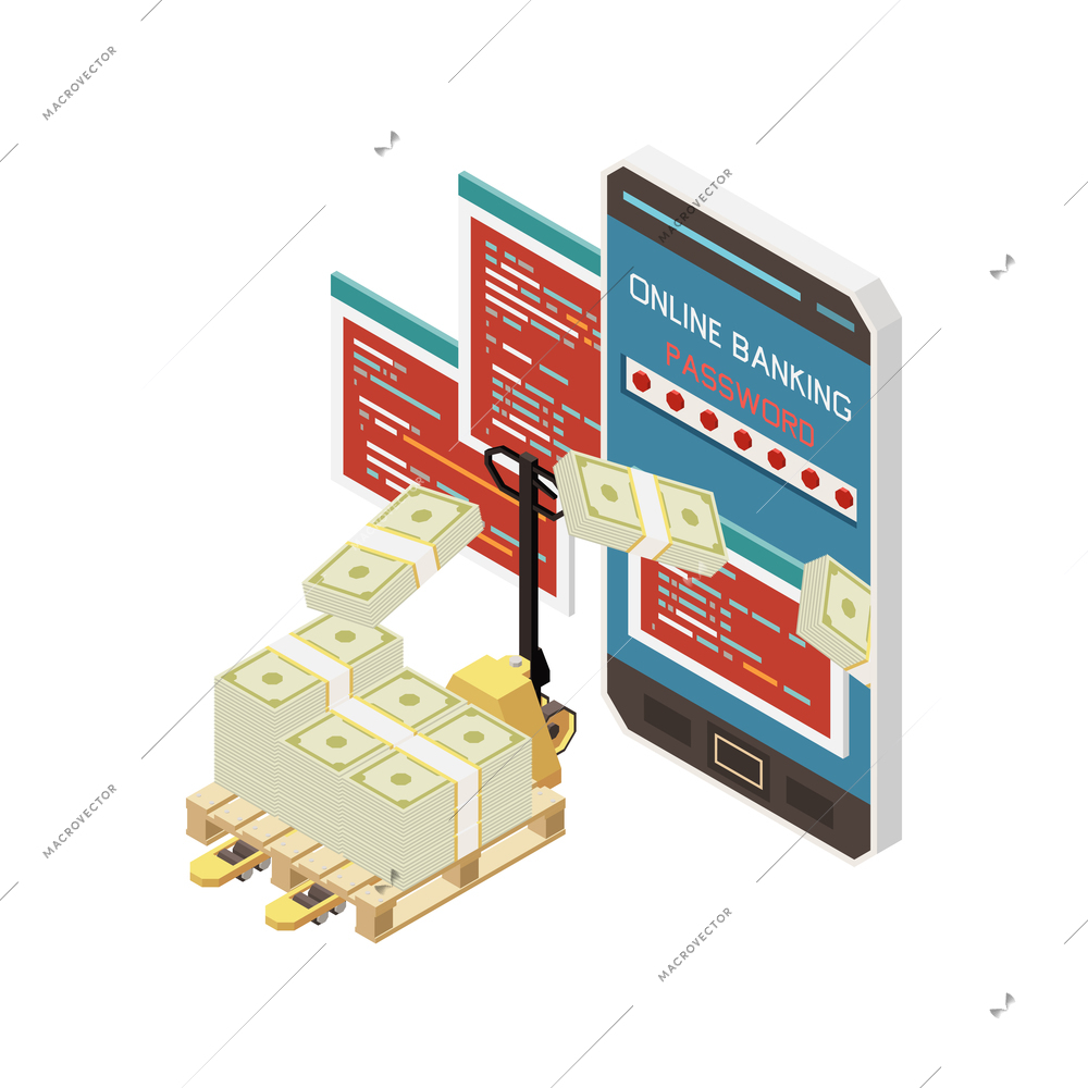 Phishing isometric composition with stealing of online banking password 3d vector illustration