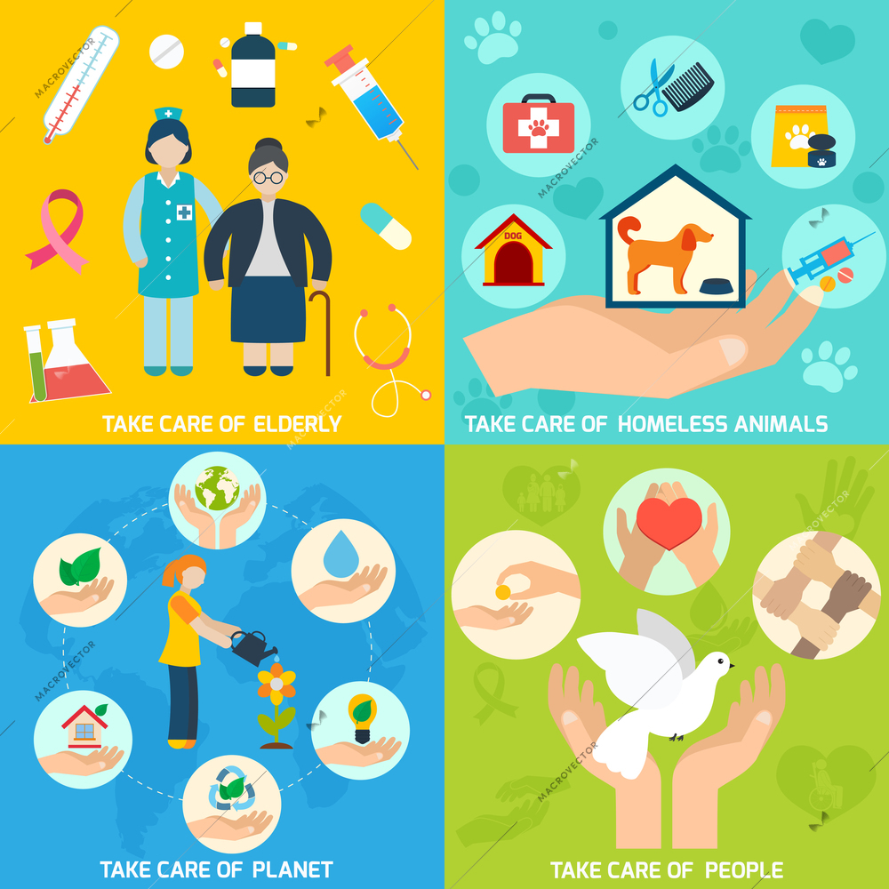 Charity social help services and volunteer work icons set flat isolated vector illustration