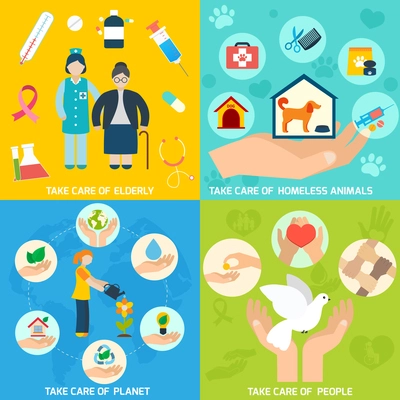 Charity social help services and volunteer work icons set flat isolated vector illustration