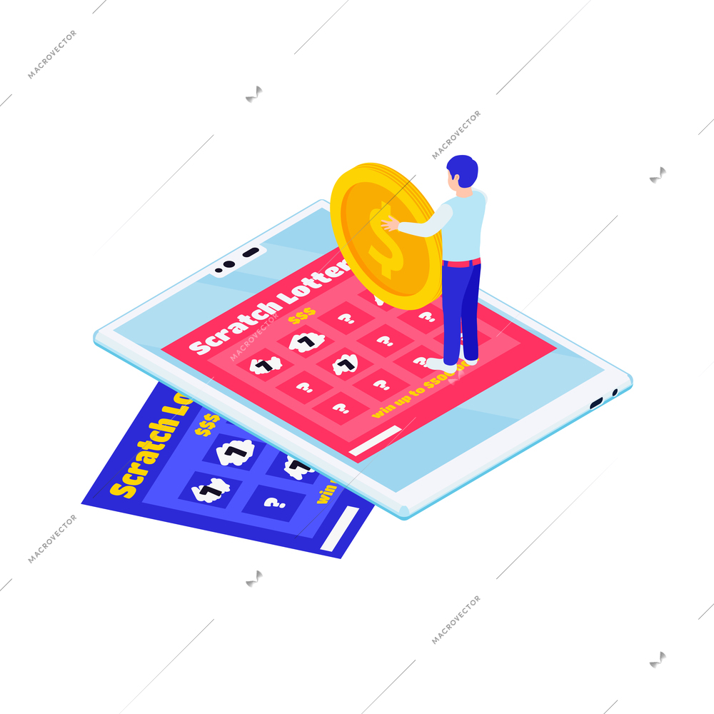 Online lottery isometric icon with scratch cards gadget and character holding gold coin 3d vector illustration