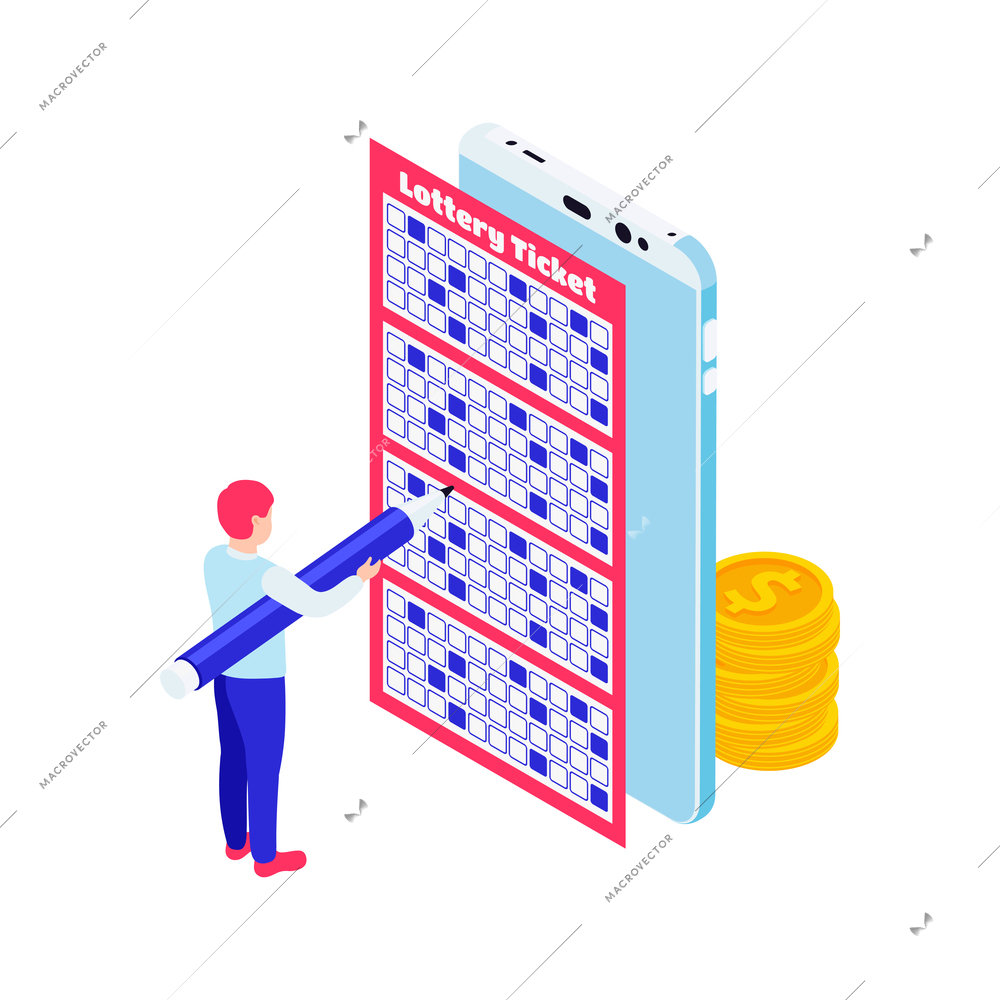 Isometric icon with smartphone coins and character filling out lottery ticket 3d vector illustration