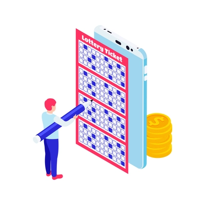 Isometric icon with smartphone coins and character filling out lottery ticket 3d vector illustration