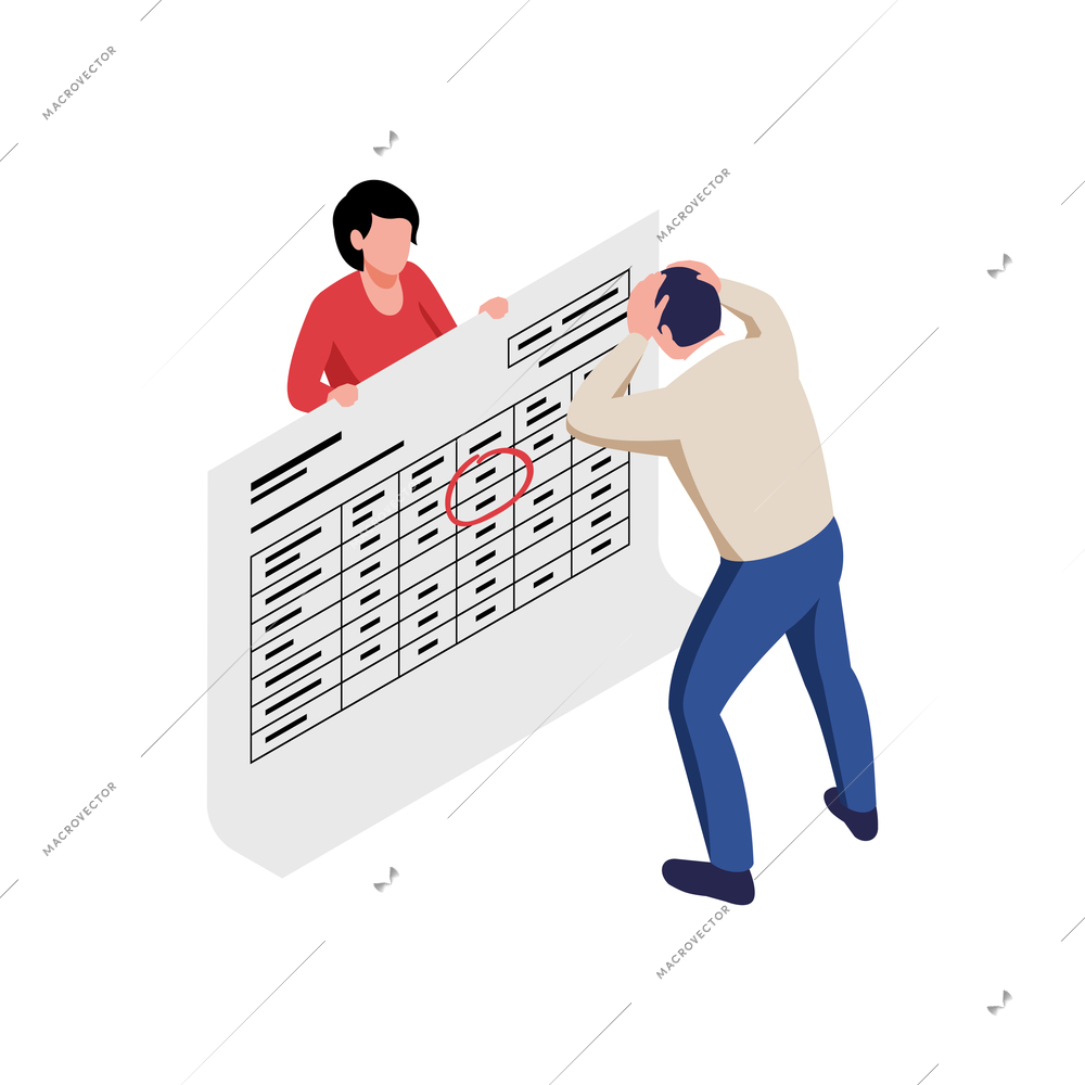 Accounting isometric icon with character in panic looking at financial document vector illustration