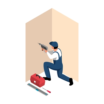 Apartment repair isometric icon with worker making holes in wall with electric drill 3d vector illustration