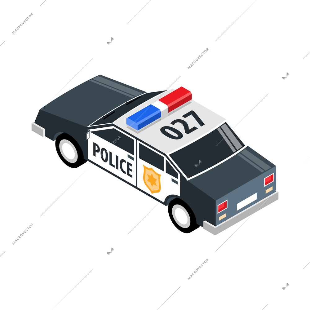 Isometric police car back view on white background vector illustration