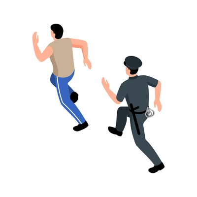 Male police officer with handcuffs and baton running after man isometric vector illustration