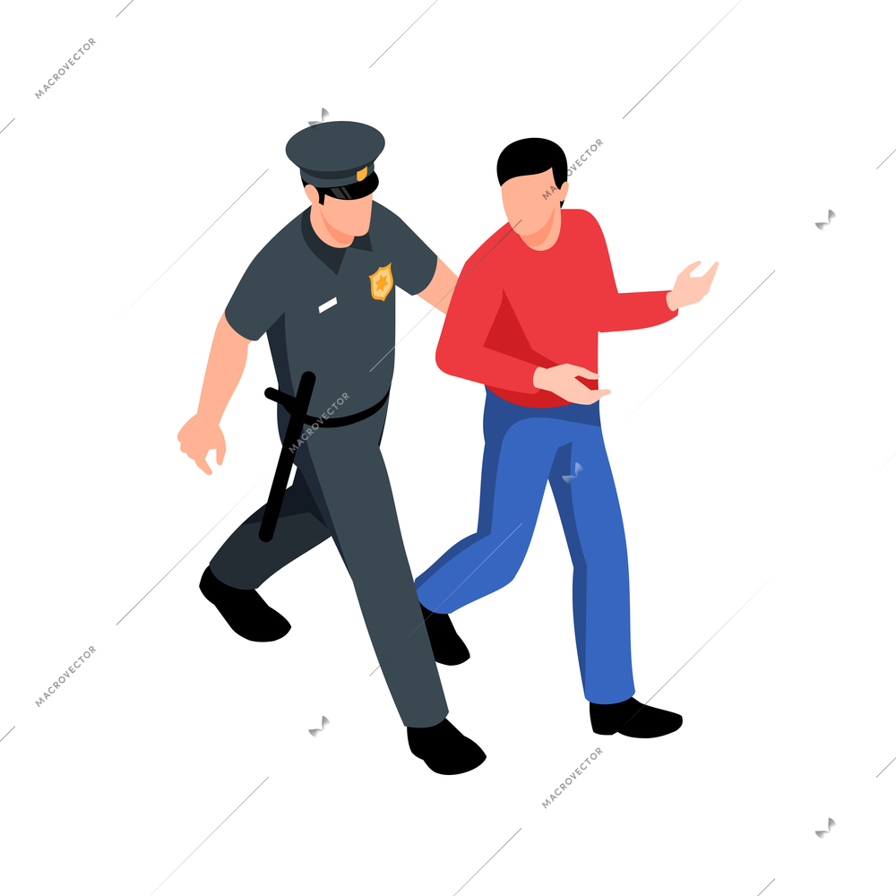 Policeman in black uniform going with arrested person 3d isometric vector illustration