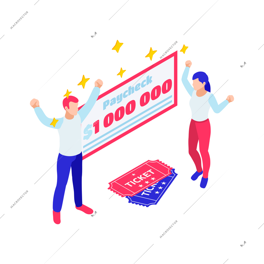 Isometric composition with lottery winners paycheck and tickets on white background vector illustration