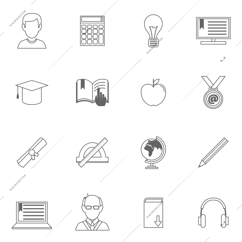 Education school and online resources outline icons set of pencil globe ebook isolated vector illustration