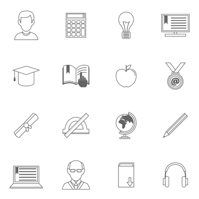 Education school and online resources outline icons set of pencil globe ebook isolated vector illustration