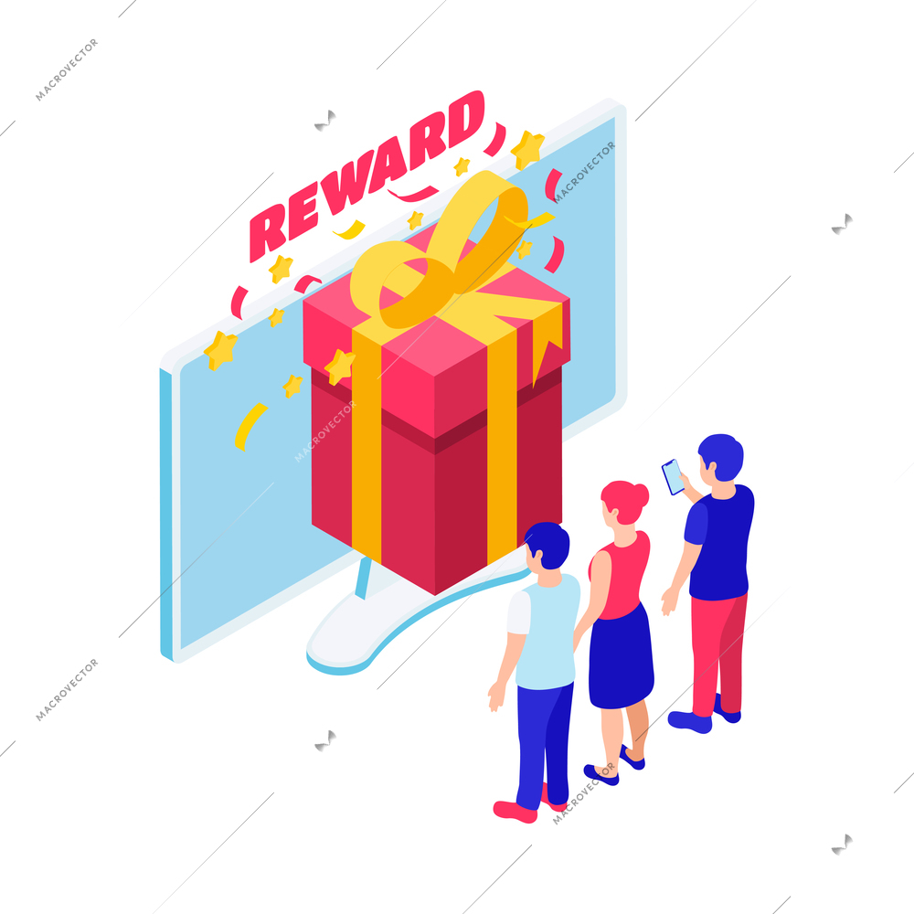 Online lottery jackpot isometric composition with reward and characters of winners 3d vector illustration