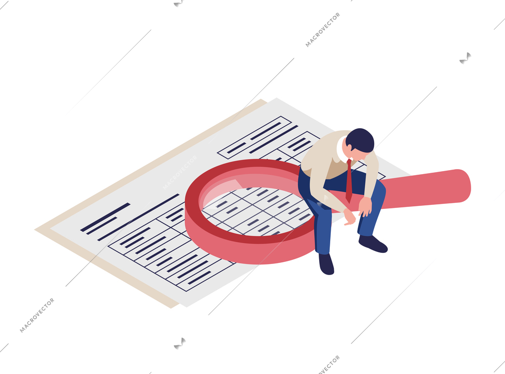 Accounting isometric icon with financial document magnifier and sad man vector illustration