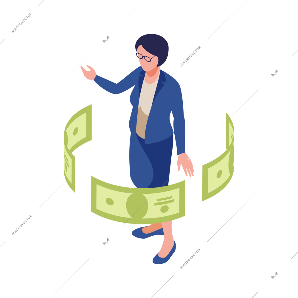 Accounting isometric icon with female character in office wear and banknotes flying around her 3d vector illustration