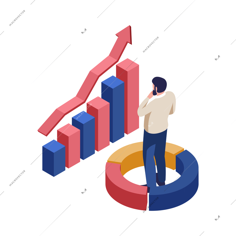 Isometric business accounting icon with character and colorful 3d diagrams vector illustration