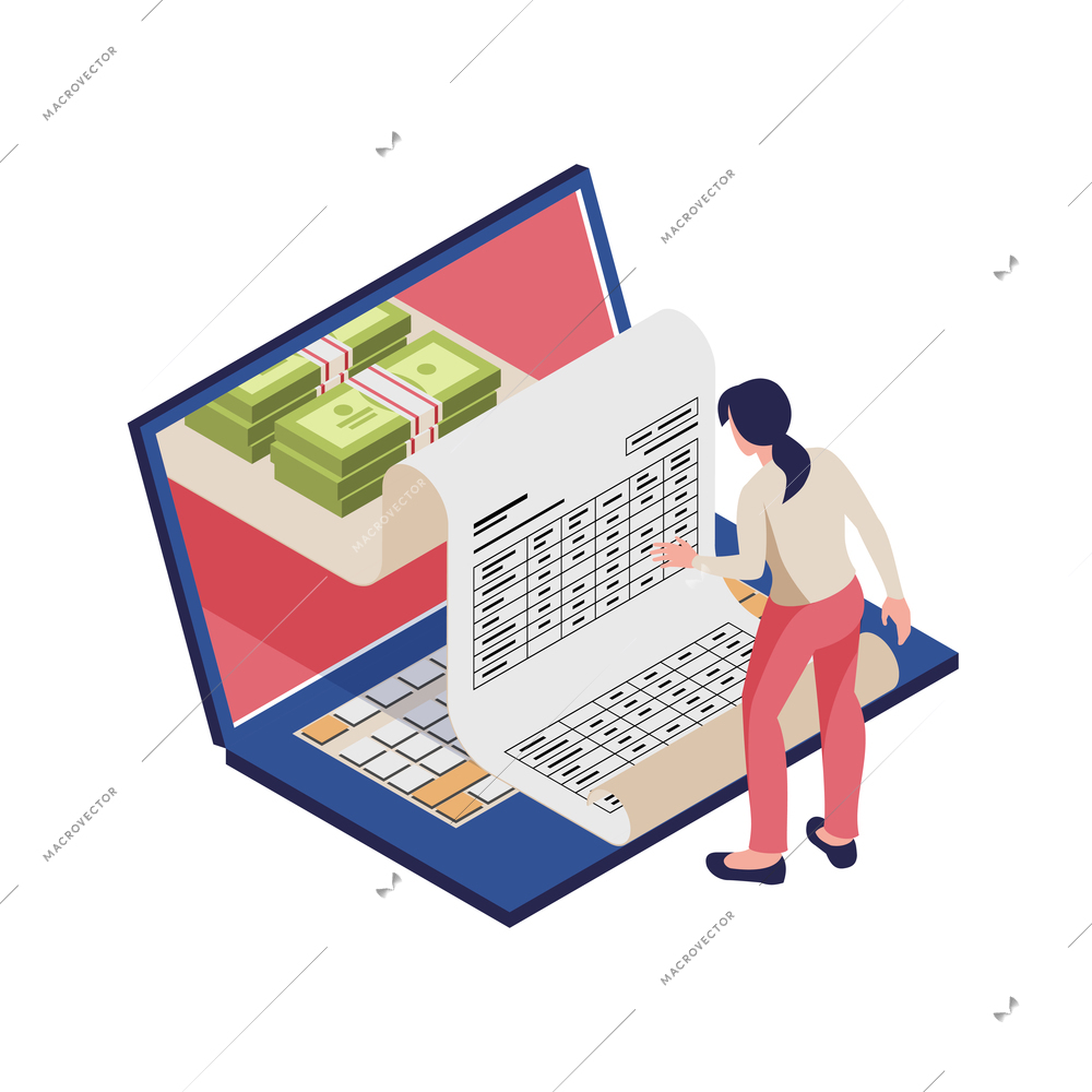 Accounting isometric icon with money financial document laptop and human character vector illustration