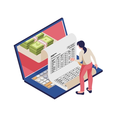 Accounting isometric icon with money financial document laptop and human character vector illustration