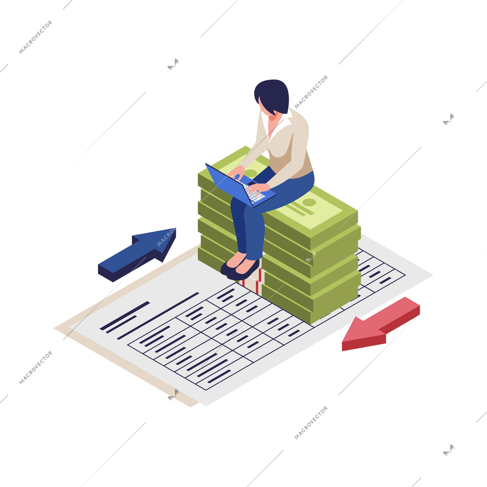 Isometric accounting icon with female accountant at work document banknotes 3d vector illustration