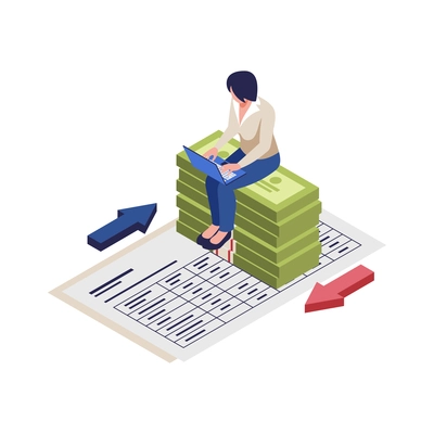 Isometric accounting icon with female accountant at work document banknotes 3d vector illustration