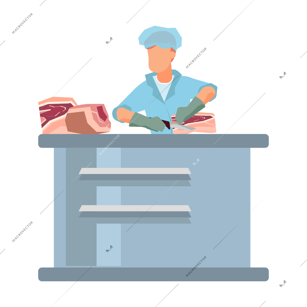 Flat icon with butcher in uniform cutting meat vector illustration