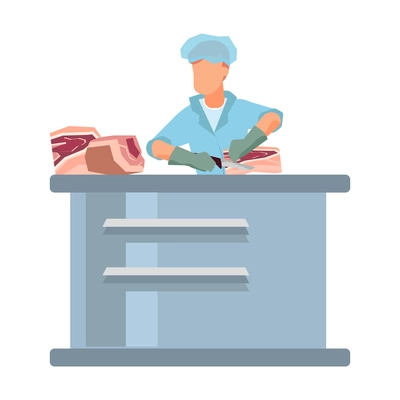 Flat icon with butcher in uniform cutting meat vector illustration