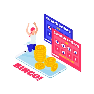 Isometric composition with lottery scratch cards coins happy character bingo vector illustration