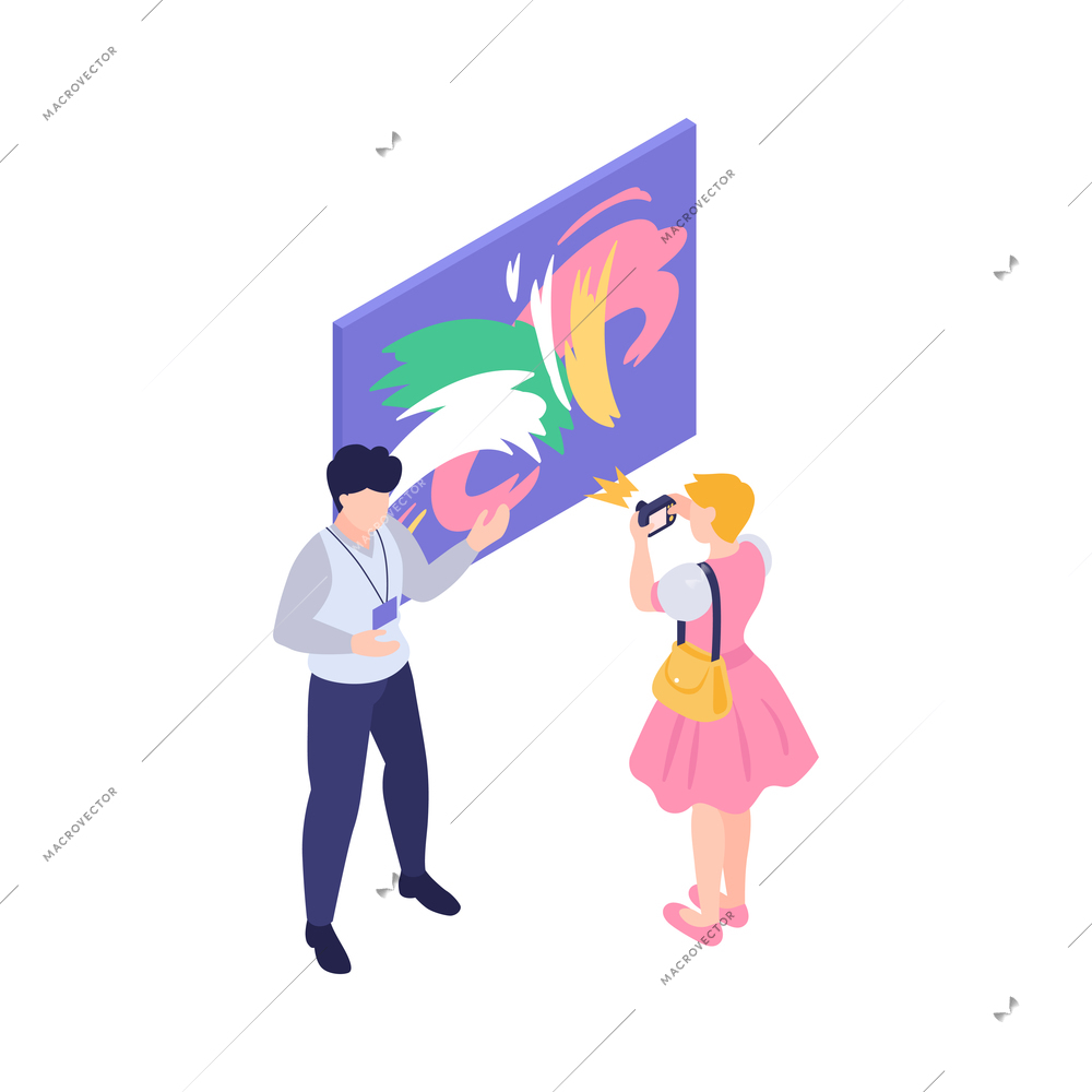 Art gallery isometric icon with painting curator and visitor taking pictures vector illustration