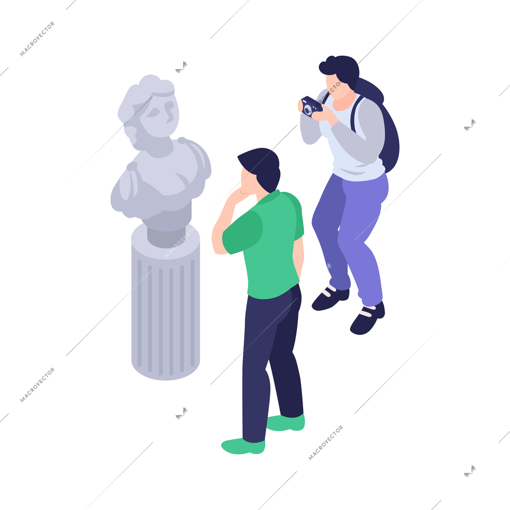 Isometric art exhibition icon with two people taking photo of bust 3d vector illustration