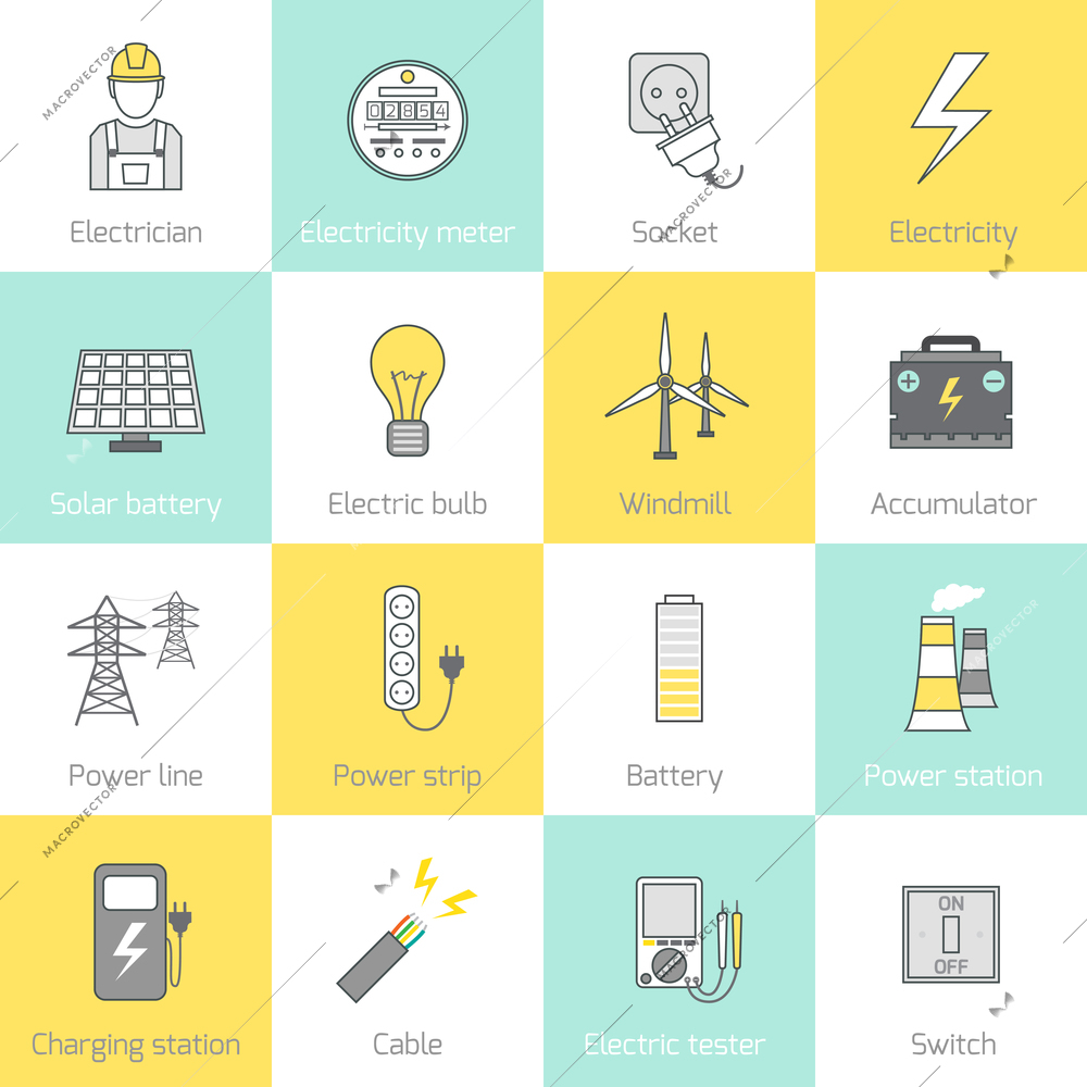 Electricity flat line icons set with socket solar battery windmill vector illustration