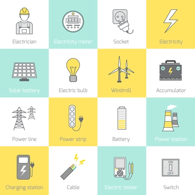 Electricity flat line icons set with socket solar battery windmill vector illustration