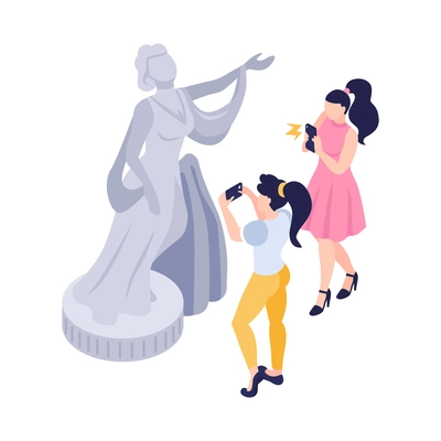 Two women with cameras taking photo of stone sculpture in art gallery isometric vector illustration