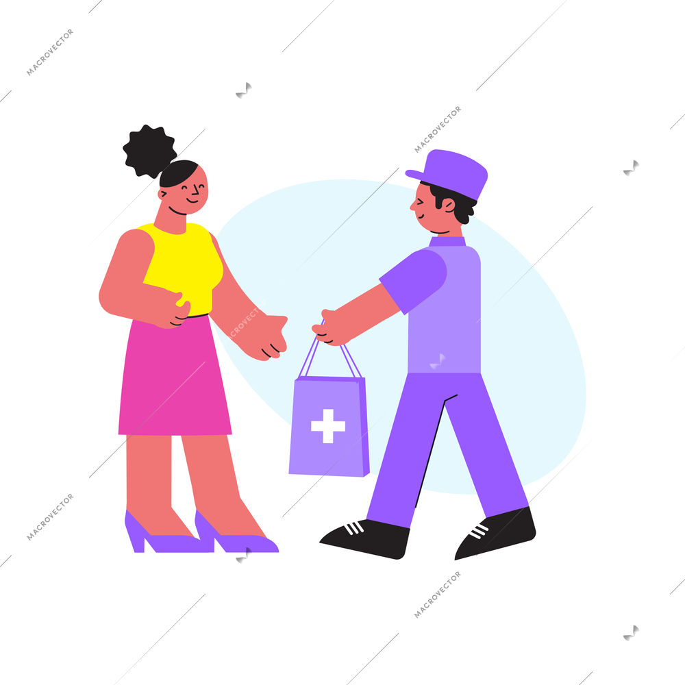 Flat icon with pharmacy worker giving bag with medication to woman vector illustration