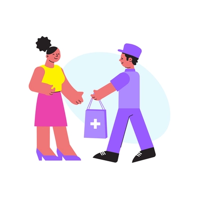 Flat icon with pharmacy worker giving bag with medication to woman vector illustration