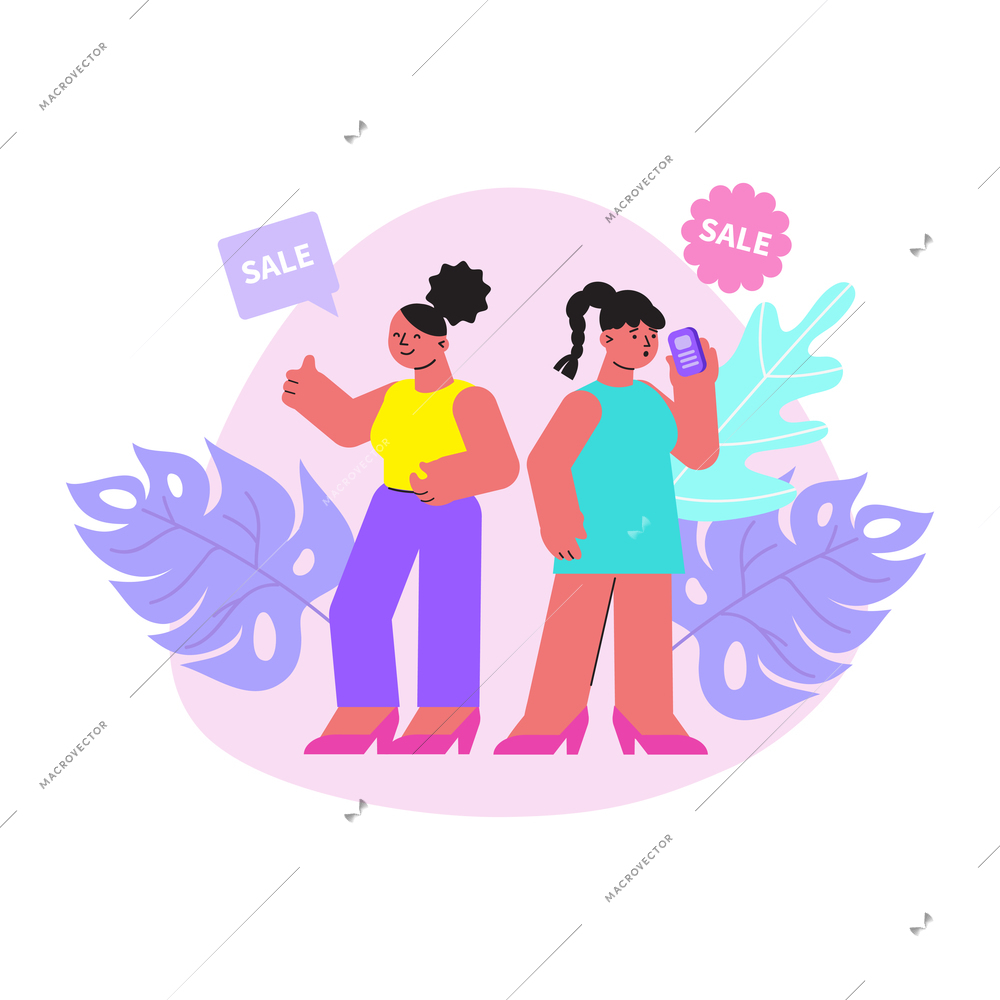 Shopping sale flat composition with two female characters talking on phone vector illustration